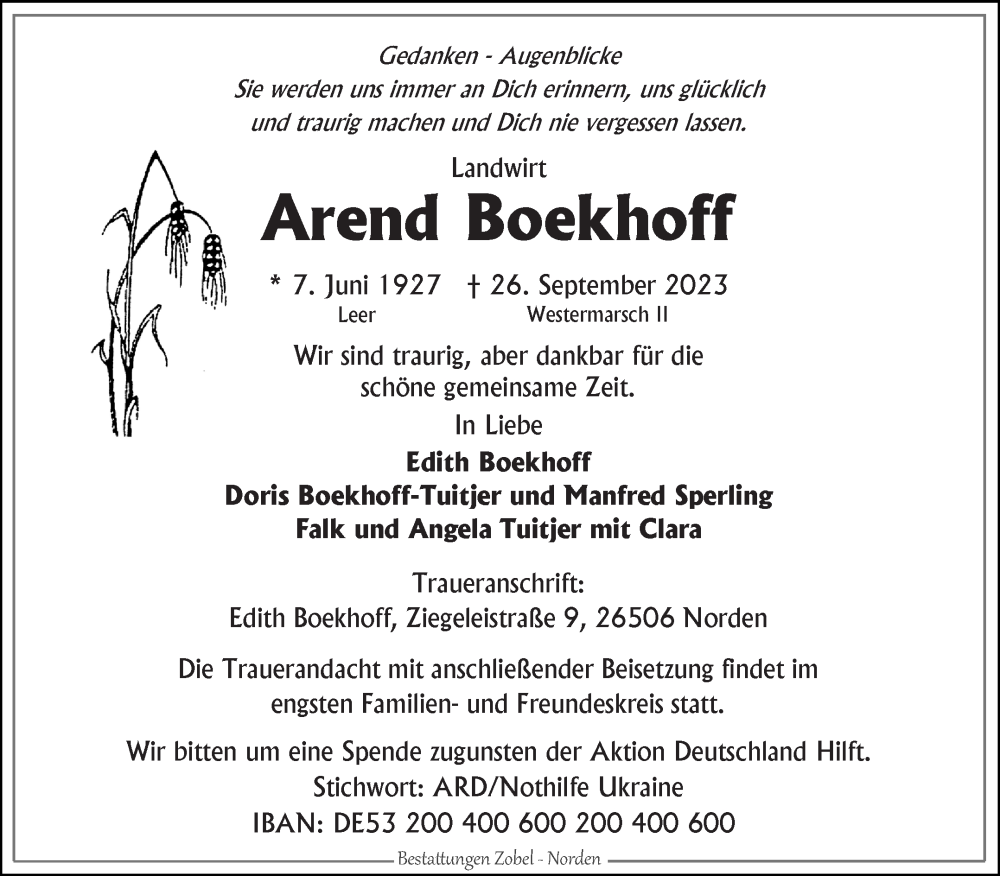  Traueranzeige für Arend Boekhoff vom 30.09.2023 aus Ostfriesischer Kurier GmbH