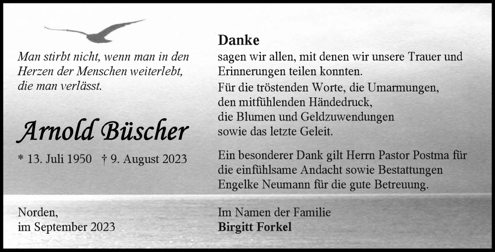  Traueranzeige für Arno Büscher vom 16.09.2023 aus Ostfriesischer Kurier GmbH