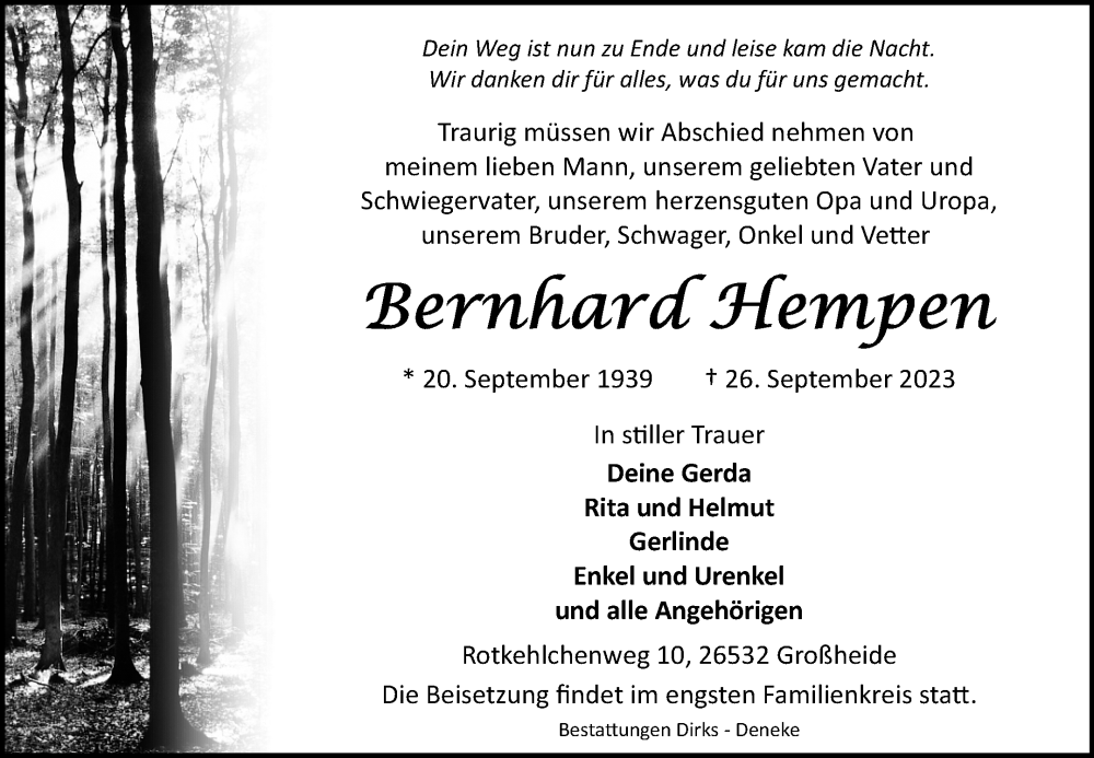  Traueranzeige für Bernhard Hempen vom 27.09.2023 aus Ostfriesischer Kurier GmbH