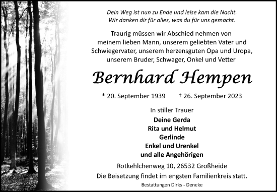 Traueranzeige von Bernhard Hempen von Ostfriesischer Kurier GmbH