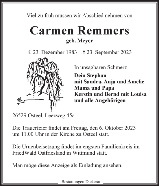 Traueranzeige von Carmen Remmers von Ostfriesischer Kurier GmbH