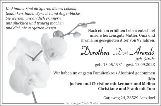 Traueranzeige von Dorothea Arends von Ostfriesischer Kurier GmbH