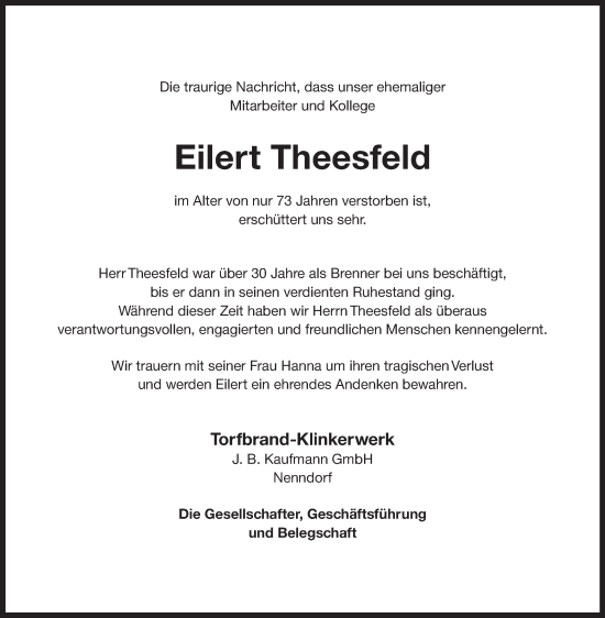 Traueranzeige von Eilert Theesfeld von Ostfriesischer Kurier GmbH