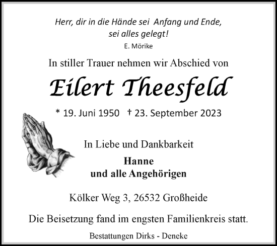 Traueranzeige von Eilert Theesfeld von Ostfriesischer Kurier GmbH