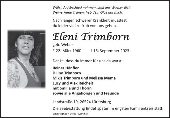 Traueranzeige von Eleni Trimborn von Ostfriesischer Kurier GmbH