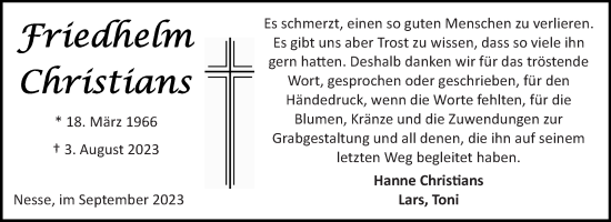 Traueranzeige von Friedhelm Christians von Ostfriesischer Kurier GmbH