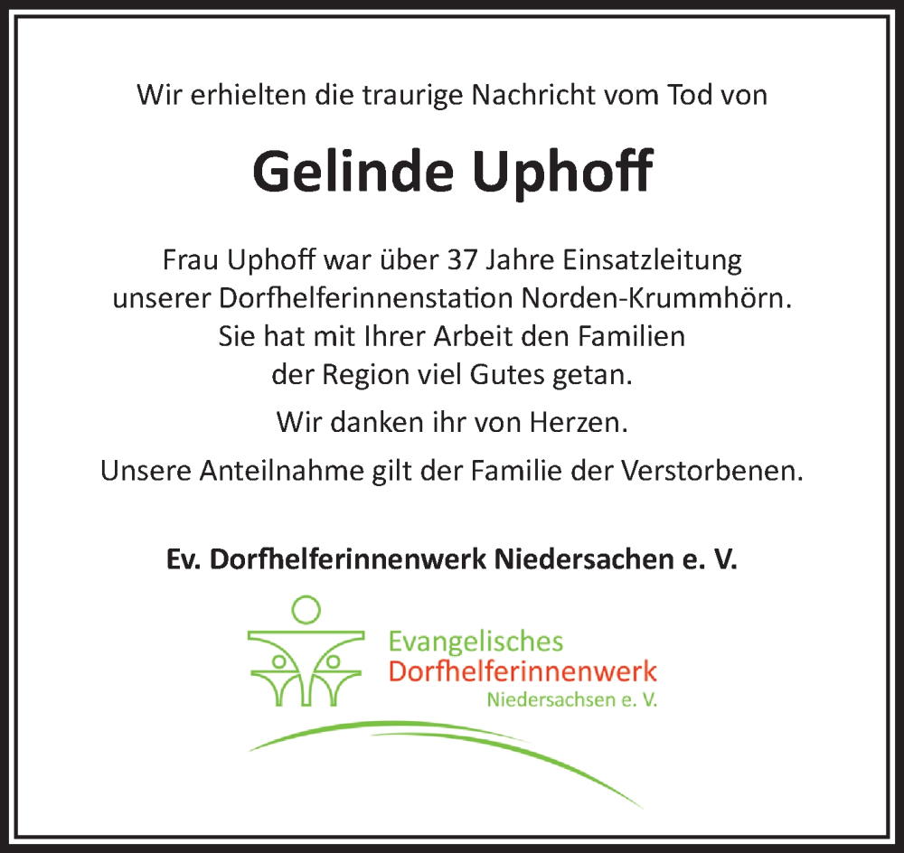  Traueranzeige für Gelinde Uphoff vom 27.09.2023 aus Ostfriesischer Kurier GmbH