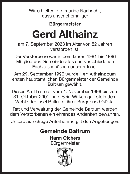 Traueranzeige von Gerd Althainz von Ostfriesischer Kurier GmbH