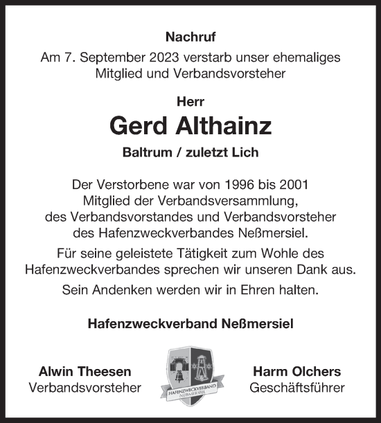 Traueranzeige von Gerd Althainz von Ostfriesischer Kurier GmbH