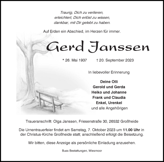Traueranzeige von Gerd Janssen von Ostfriesischer Kurier GmbH