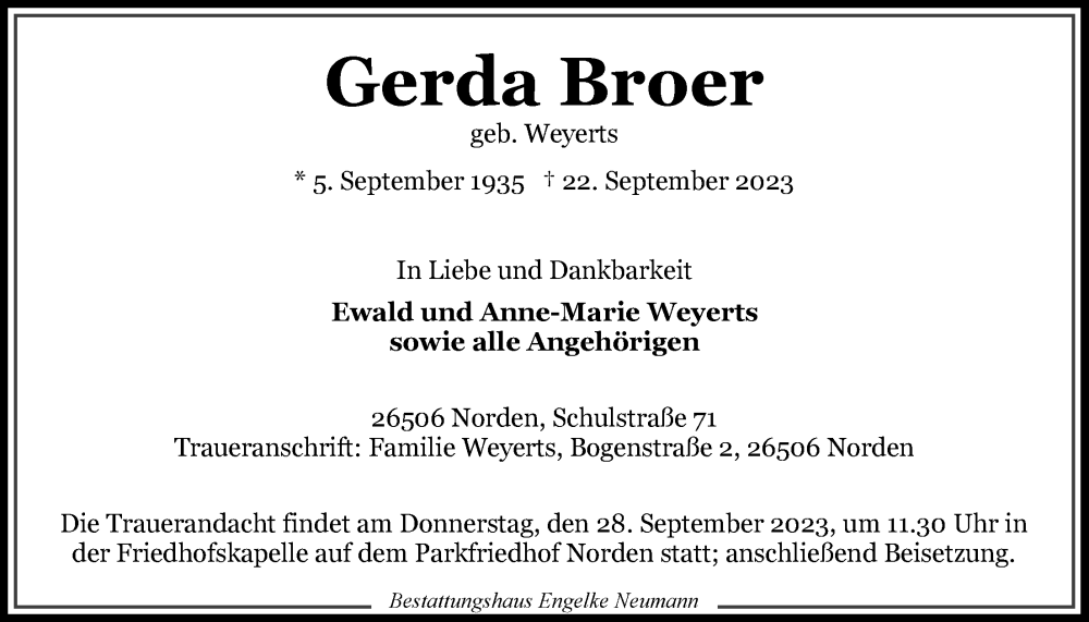  Traueranzeige für Gerda Broer vom 25.09.2023 aus Ostfriesischer Kurier GmbH