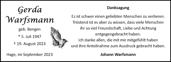 Traueranzeige von Gerda Warfsmann von Ostfriesischer Kurier GmbH