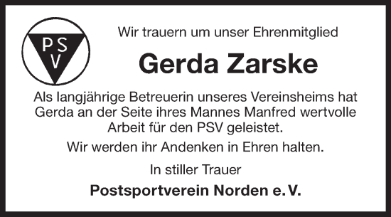 Traueranzeige von Gerda Zarske von Ostfriesischer Kurier GmbH