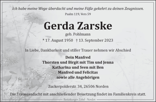 Traueranzeige von Gerda Zarske von Ostfriesischer Kurier GmbH
