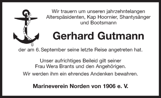 Traueranzeige von Gerhard Gutmann von Ostfriesischer Kurier GmbH
