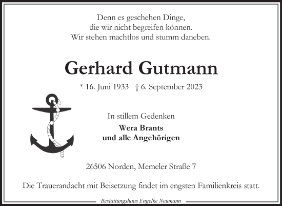 Traueranzeige von Gerhard Gutmann von Ostfriesischer Kurier GmbH