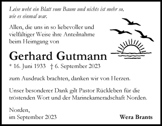 Traueranzeige von Gerhard Gutmann von Ostfriesischer Kurier GmbH