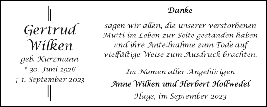 Traueranzeige von Gertrud Wilken von Ostfriesischer Kurier GmbH