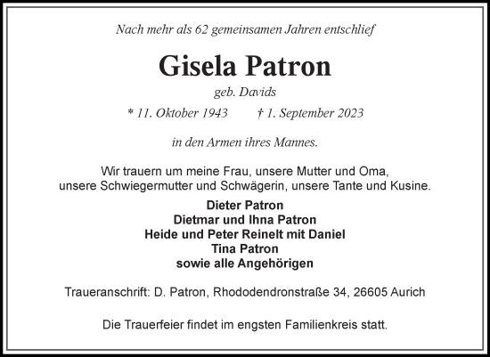 Traueranzeige von Gisela Patron von Ostfriesischer Kurier GmbH
