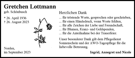 Traueranzeige von Gretchen Lottmann von Ostfriesischer Kurier GmbH