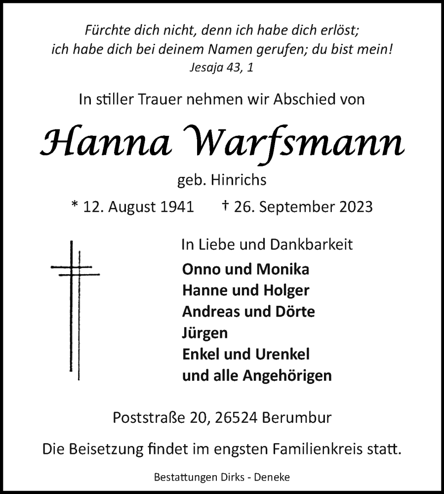  Traueranzeige für Hanna Warfsmann vom 28.09.2023 aus Ostfriesischer Kurier GmbH