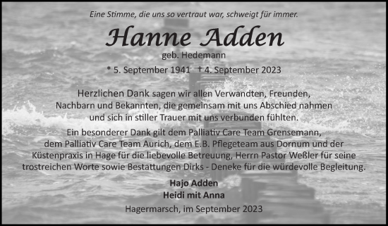 Traueranzeige von Hanne Adden von Ostfriesischer Kurier GmbH