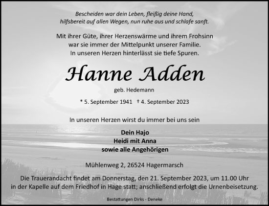 Traueranzeige von Hanne Adden von Ostfriesischer Kurier GmbH
