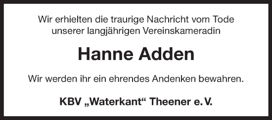 Traueranzeige von Hanne Adden von Ostfriesischer Kurier GmbH