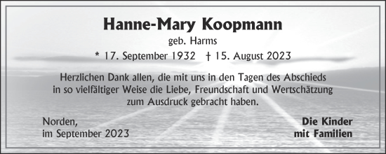 Traueranzeige von Hanne-Mary Koopmann von Ostfriesischer Kurier GmbH