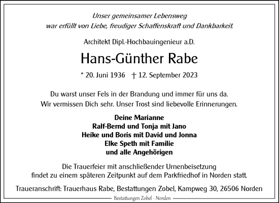 Traueranzeige von Hans-Günther Rabe von Ostfriesischer Kurier GmbH