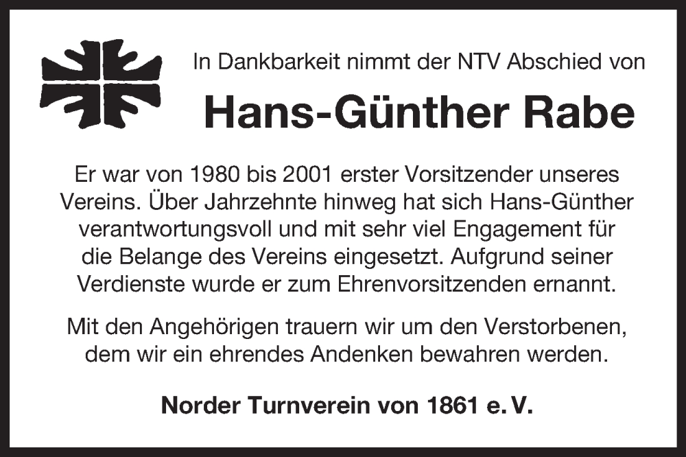  Traueranzeige für Hans-Günther Rabe vom 27.09.2023 aus Ostfriesischer Kurier GmbH