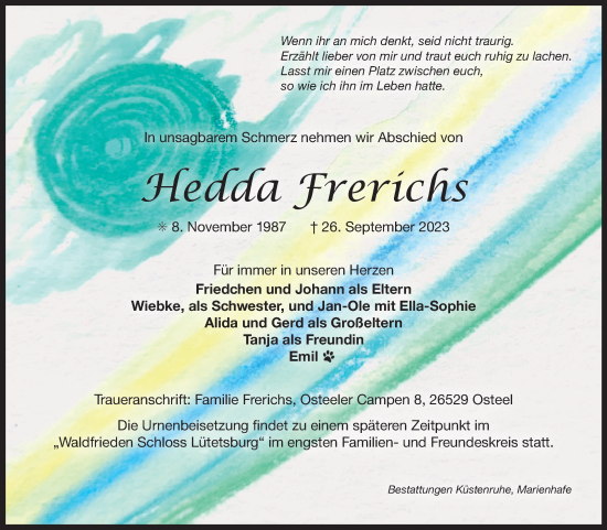 Traueranzeige von Hedda Frerichs von Ostfriesischer Kurier GmbH