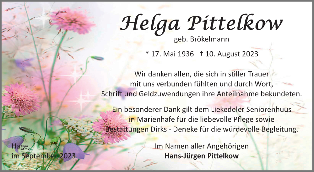  Traueranzeige für Helga Pittelkow vom 09.09.2023 aus Ostfriesischer Kurier GmbH