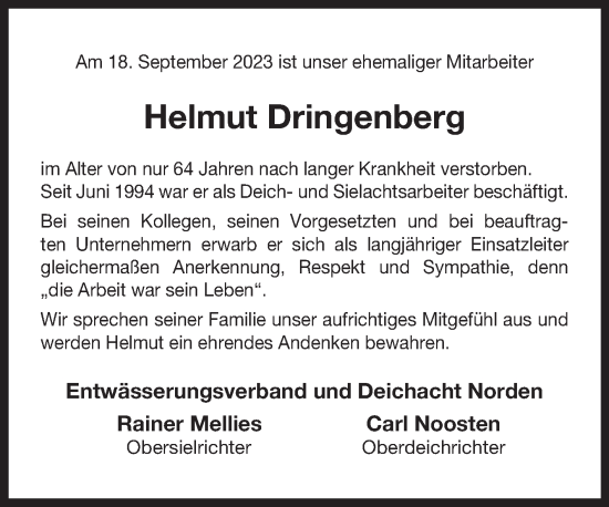 Traueranzeige von Helmut Dringenberg von Ostfriesischer Kurier GmbH