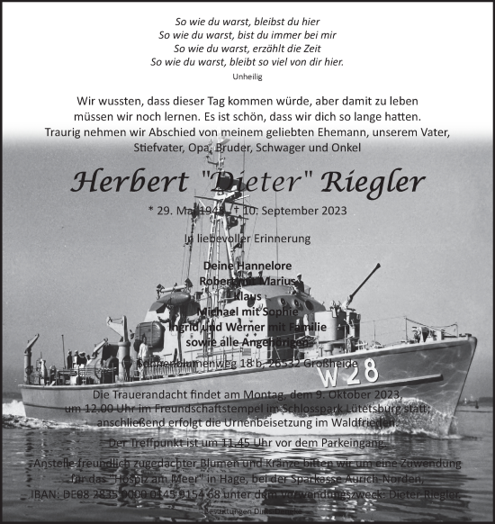 Traueranzeige von Herbert Riegler von Ostfriesischer Kurier GmbH