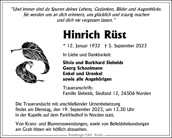 Traueranzeige von Hinrich Rüst von Ostfriesischer Kurier GmbH