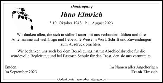Traueranzeige von Ihno Elmrich von Ostfriesischer Kurier GmbH
