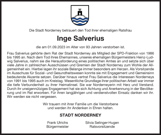 Traueranzeige von Inge Salverius von Ostfriesischer Kurier GmbH