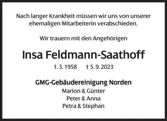 Traueranzeige von Insa Feldmann-Saathoff von Ostfriesischer Kurier GmbH