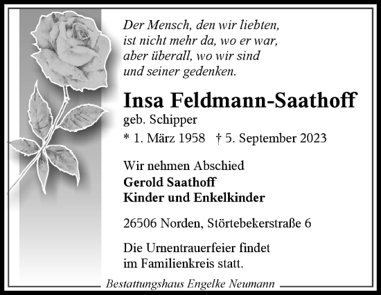 Traueranzeige von Insa Feldmann-Saathoff von Ostfriesischer Kurier GmbH