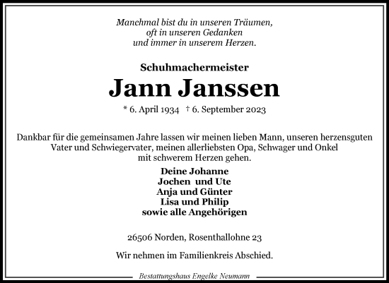 Traueranzeige von Jann Janssen von Ostfriesischer Kurier GmbH