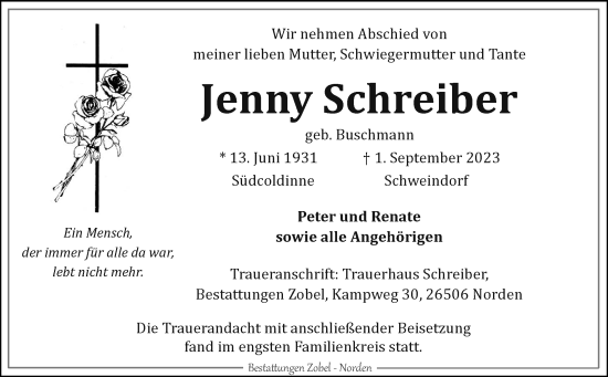Traueranzeige von Jenny Schreiber von Ostfriesischer Kurier GmbH