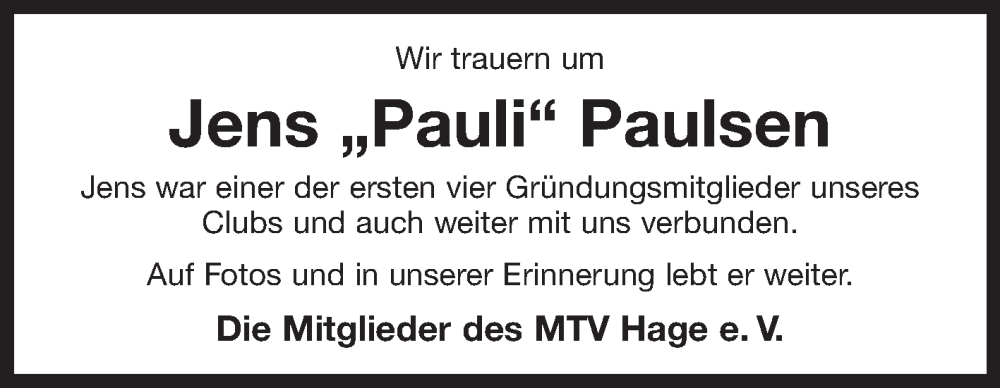  Traueranzeige für Jens Paulsen vom 26.09.2023 aus Ostfriesischer Kurier GmbH