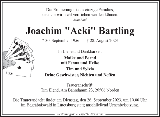 Traueranzeige von Joachim Bartling von Ostfriesischer Kurier GmbH