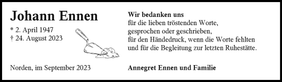 Traueranzeige von Johann Ennen von Ostfriesischer Kurier GmbH