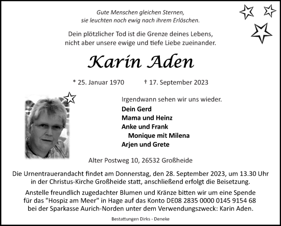 Traueranzeige von Karin Aden von Ostfriesischer Kurier GmbH
