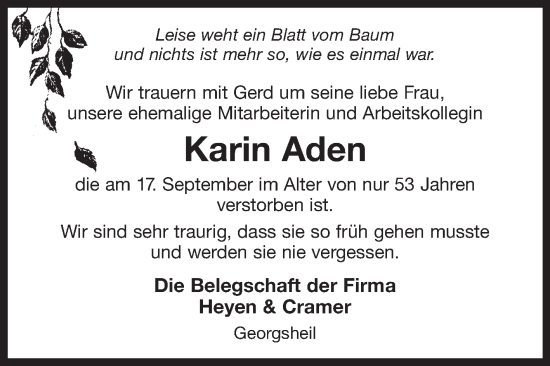 Traueranzeige von Karin Aden von Ostfriesischer Kurier GmbH