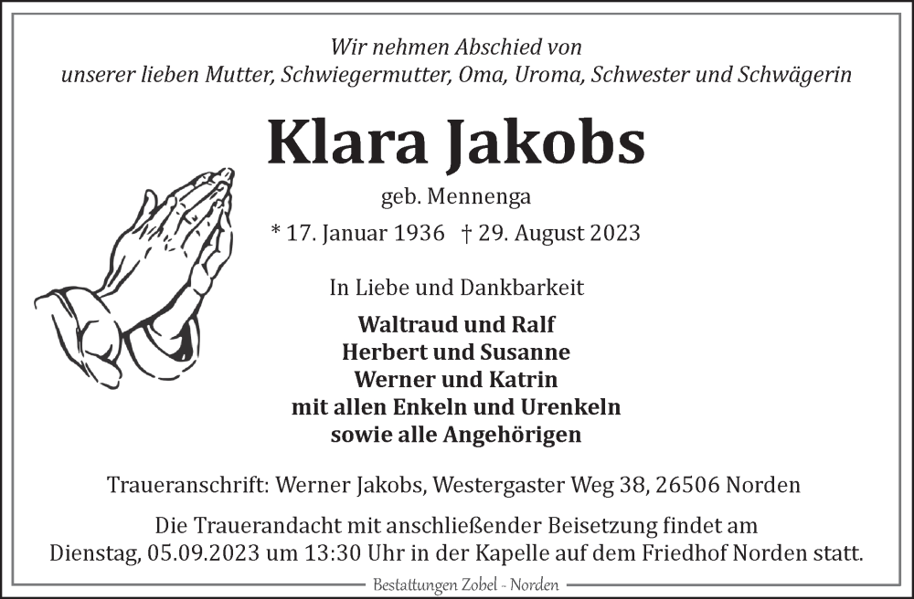  Traueranzeige für Klara Jakobs vom 02.09.2023 aus Ostfriesischer Kurier GmbH
