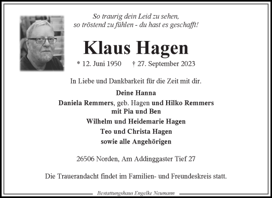 Traueranzeige von Klaus Hagen von Ostfriesischer Kurier GmbH