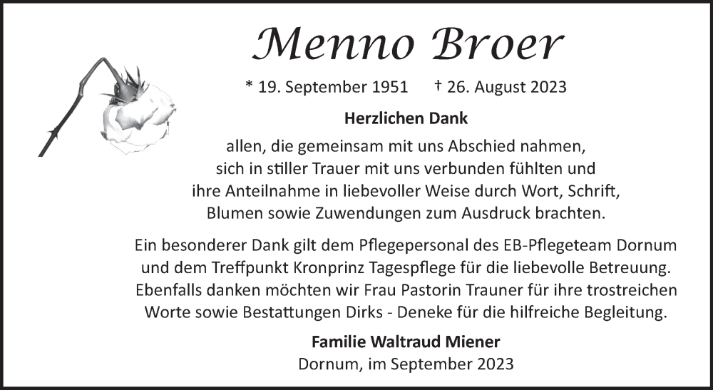  Traueranzeige für Menno Broer vom 30.09.2023 aus Ostfriesischer Kurier GmbH
